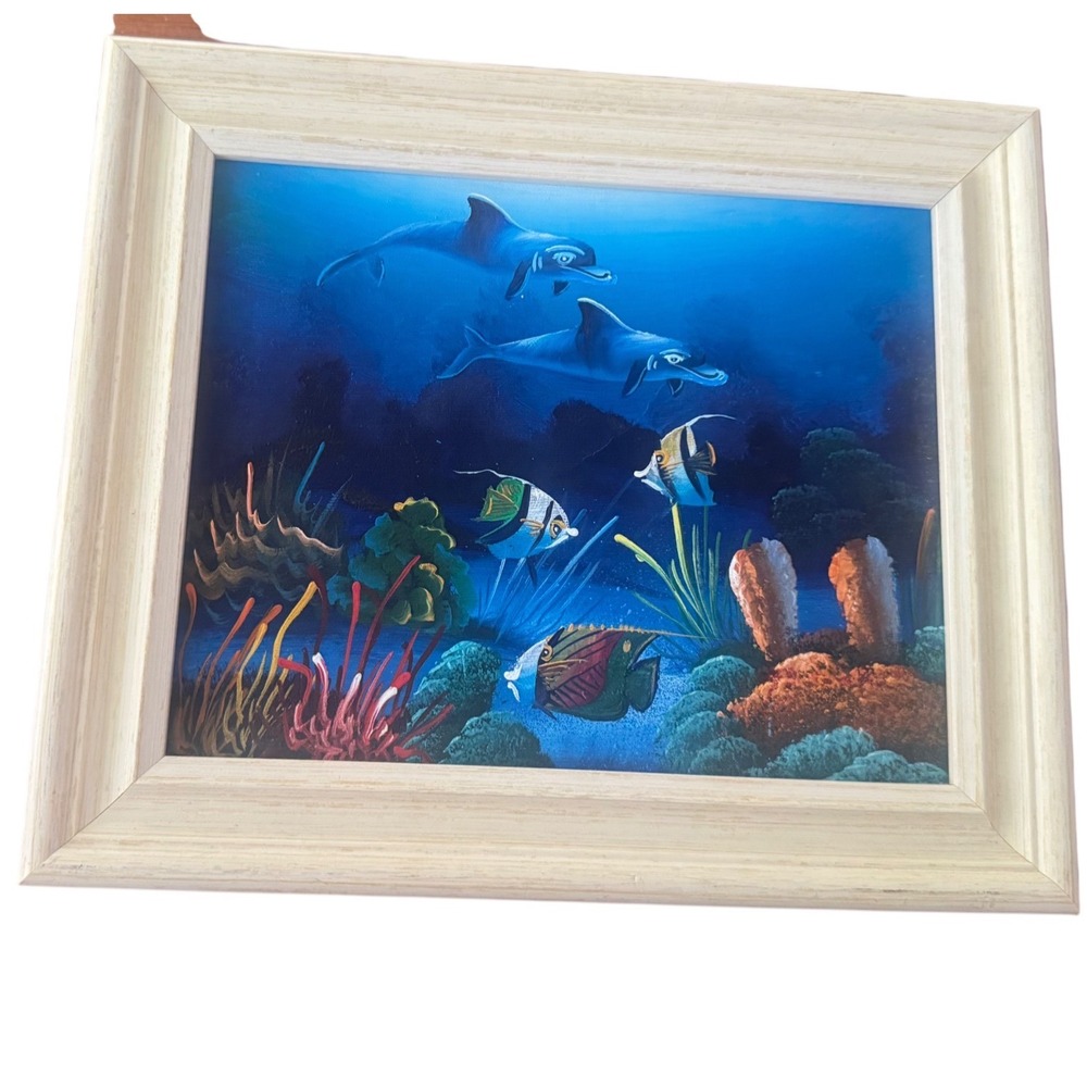 Dolphin Tropical Fish Coral Reef Original Oil Painting Framed‎ 12.5x10.5 Coastal